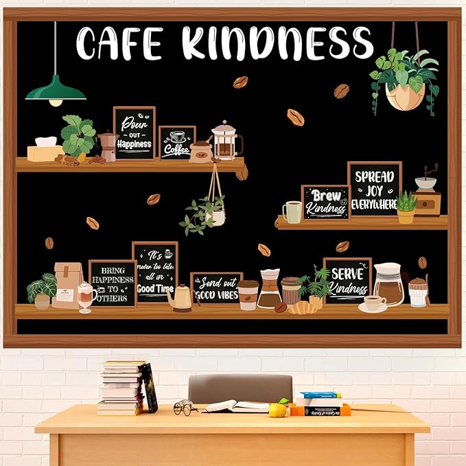 Pajean Cafe Kindness Bulletin Board Set Plant Coffee Motivational Classroom Decorations Bookshelf Reading Bulletin Board Inspirational Cutouts for Back to School Library Decor Office Supplies