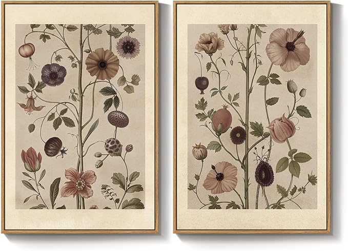 Large Framed Vintage Botanical Wall Art Set of 2, Neutral Antique Floral Canvas Painting Prints Artwork for Walls, Retro Rustic Farmhouse Flowers Pictures for Living Room Bedroom Wall Decor, 24x36 In