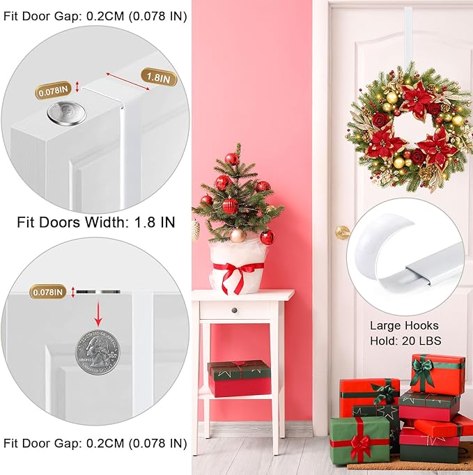 HEYHOUSE Wreath Hanger,Adjustable Length 14.9-25 Inch Metal Door Hanger,Wreath Hanger for Front Door 20 lbs Larger Christmas Wreaths Decorations HookWhite