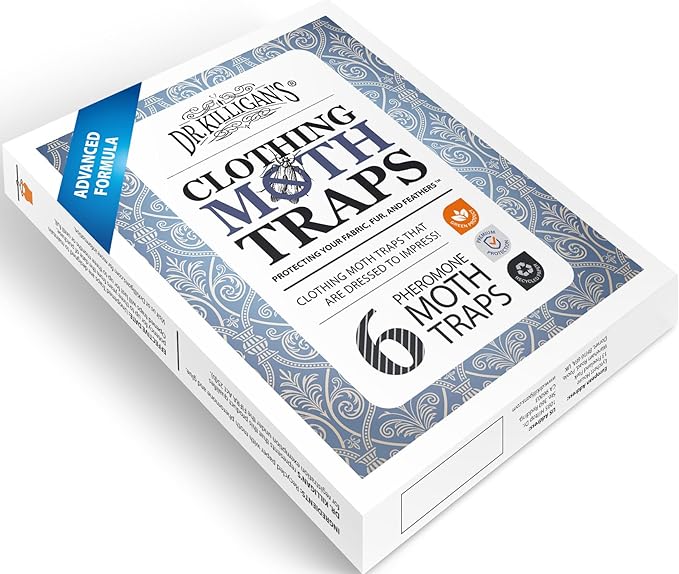 Dr. Killigan Premium Clothing Moth Traps with Pheromones Prime | Non-Toxic Clothes Moth Trap with Lure for Closets | Moth Killer Treatment & Prevention (6, White)