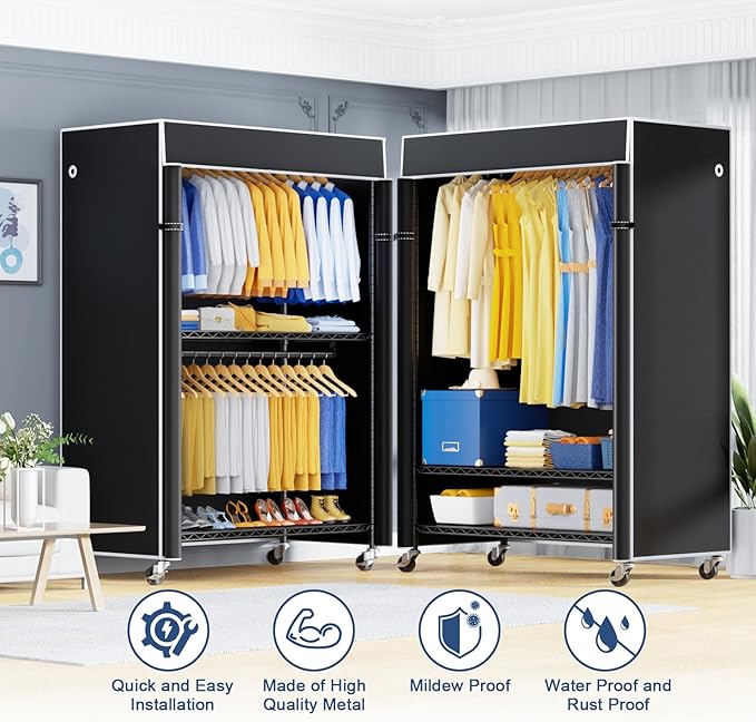 P8C Pro Heavy Duty Clothes Rack（With Extended Width Design） Rolling Clothing Racks for Hanging Clothes with Lockable Wheels，42" W x 15.8" D x 80.5" H，Load 700LBS，Black Rack with Black Cover