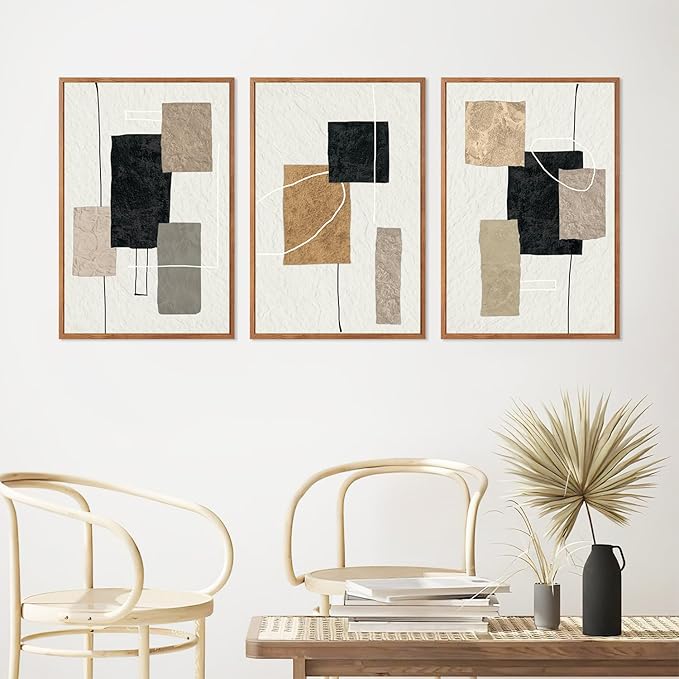 KAlRNE Neutral Abstract Framed Canvas Wall Art Set of 3(24”X36”),Black Beige and Brown Wall Decor,Modern Minimalist Block Lines Art Prints For Living Room Bedroom Office