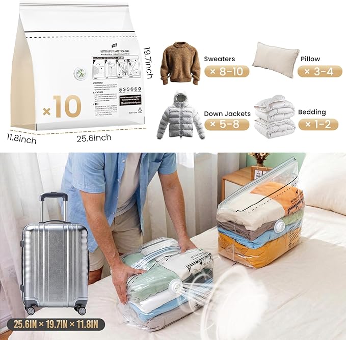 TAILI 10 Pack Cube Vacuum Storage Bags, Medium Size (25x19x11 inch), Vacuum Seal Bags for Clothing, Travel Compression Packing for Clothes, Blankets, Baby Clothes, Travel Essential