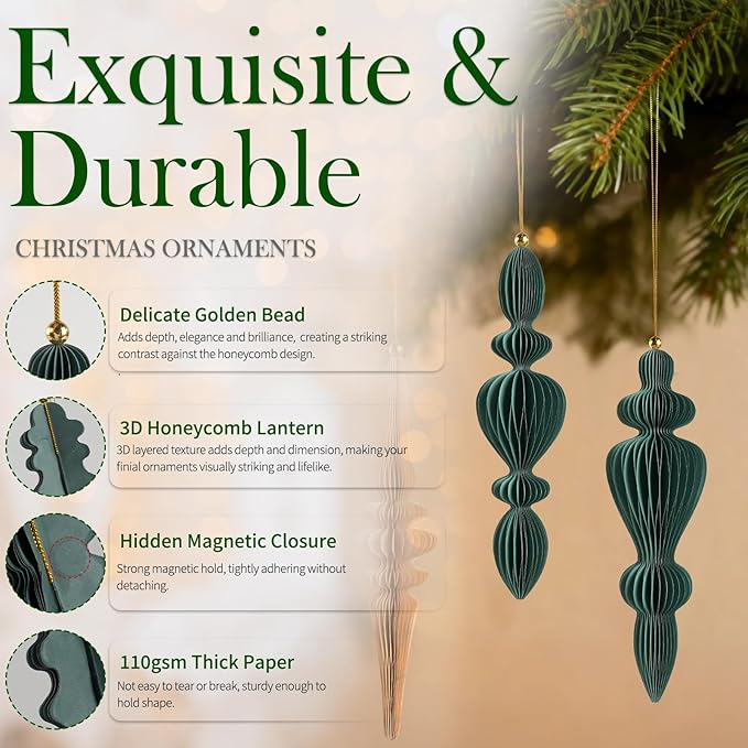 6Pcs Neutral Finial Christmas Ornaments for Tree, 3D Paper Honeycomb Hanging Decorations Vintage Christmas Honeycomb Ornaments Lanterns for Xmas Tree Winter New Year Holiday Party Home Decor