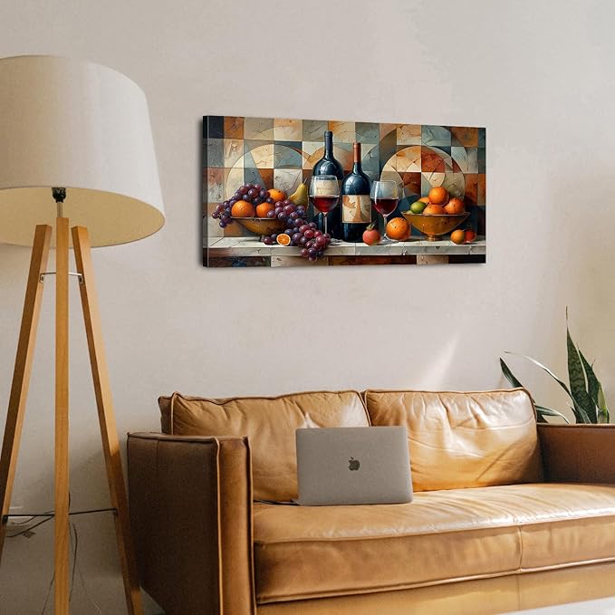 Abstract Kitchen Wall Art Geometric Dining Room Wall Decor Red Wine Glass Canvas Prints Pictures Rustic Farmhouse Fruits Still Life Painting Living Room Wine Bar Art Wall Decor Home Decorations 20x40"