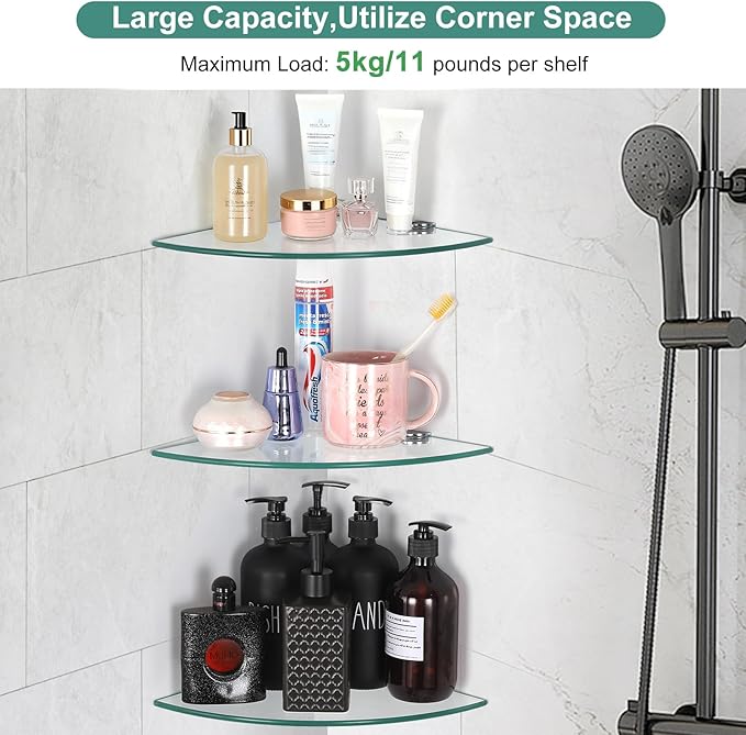 3 Pack Glass Corner Shower Shelves, Tempered Floating Glass Shelves Wall Mount, Shower Caddy Organizer, Bathroom Corner Shelf with Zinc Alloy Brackets for Bathroom, Kitchen, Living Room