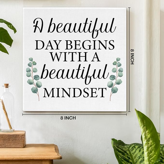 Motivational Eucalyptus Wall Art Decor, Inspirational Green Botanical Pictures Positive Quotes Canvas Painting Posters for Office Living Room Bedroom Decoration (8 X 8 Inches, Framed)