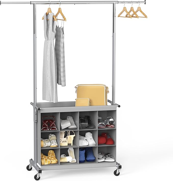 Simple Houseware Garment Rack with Extensible Haning Rod and 16 Shoes Organizer, Grey