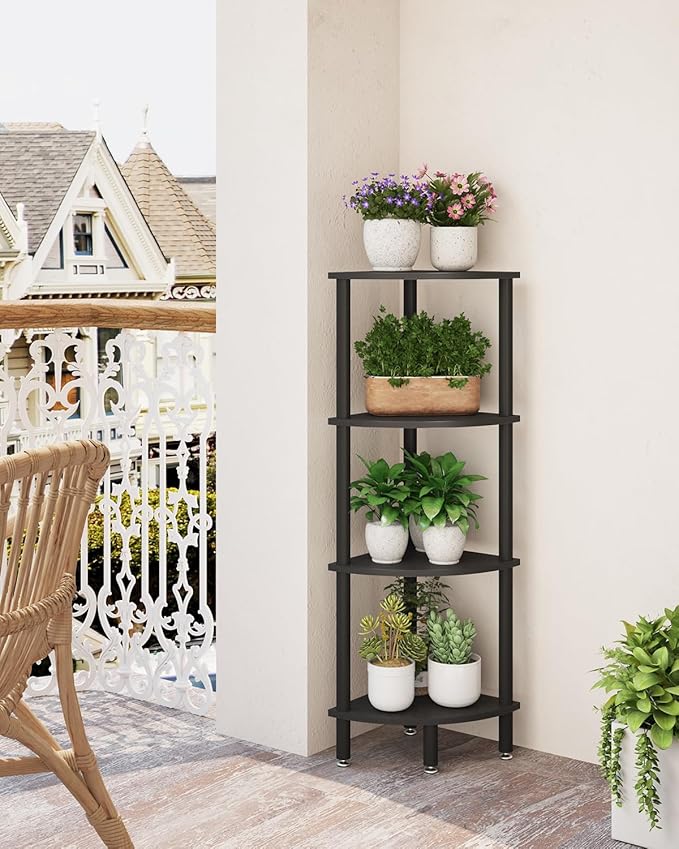 IBUYKE 4 Tier Corner Shelf Stand,Industrial Corner Display Rack,Corner Bookshelf for Living Room, Bedroom, Kitchen, Home Office, Black WBC014B
