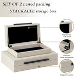 Set of 2 Beige Shagreen Decorative Storage Boxes with Black Metal Handles – Faux Leather Jewelry & Memory Boxes, Nesting Photo Organizers for Home Decor