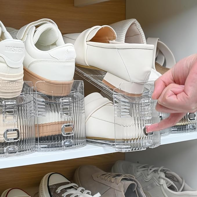 Shoe Slots Organizer for Closet, 6-Pack Adjustable Shoe Stacker & Space Saver Shoe Rack, Clear Double Deck Shoe Storage for Small Spaces (Transparent Gold)