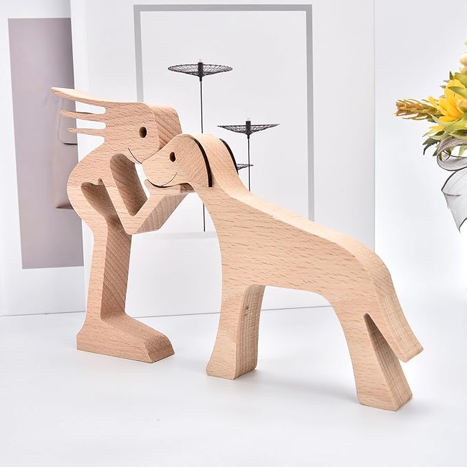 ISHINE Wood Decor Wooden Statue Man and Dog Figurine Handmade Carved Creative Home Office Gift for Men Women Accents Decoration Natural ECO Friendly 7x3 inches (B-Woman Kisses Dog)