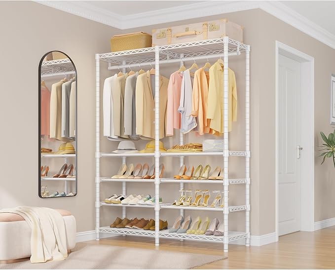 VIPEK S2 Heavy Duty Clothes Rack with Shoe Shelves Freestanding Clothing Rack with 6-Tier Shoe Rack, Double Hanging Rod, Adjustable Shelf, Walk in Closet Organizer Garment Rack, White