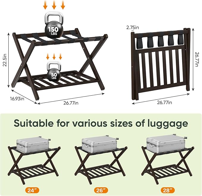 Fully Assembled Bamboo Luggage Rack, Folding Suitcase Stand with 5 Nylon Straps, Luggage Holders with Shelf, Ideal for Guest Room, Bedroom, Hotel, Espresso