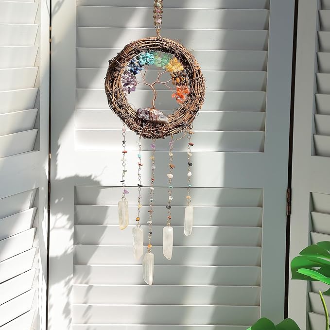 Dream Catcher - Dreamsum 7 Chakra Tree of Life Dream Catcher Native Boho Dreamcatcher Rattan Wall Decor, Handmade Natural Rattan Brown Crystal Hanging Decor for Bedroom Living Room (Dark Brown)