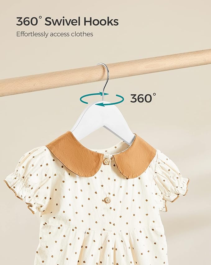 SONGMICS Kids Wooden Hangers 20 Pack, Solid Wood Baby Hangers, Children's Coat Hangers with Pants Bar, Shoulder Notches, Swivel Hooks, 12.6 x 7.5 Inches, White and Silver UCRW006W20