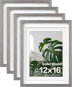 Egofine 12x16 Picture Frames Set of 4, Made of Solid Wood Covered by Plexiglass 9x12 and 11x14 with Mat or 12x16 without Mat, for Wall Mounting Photo Frame Light Grey