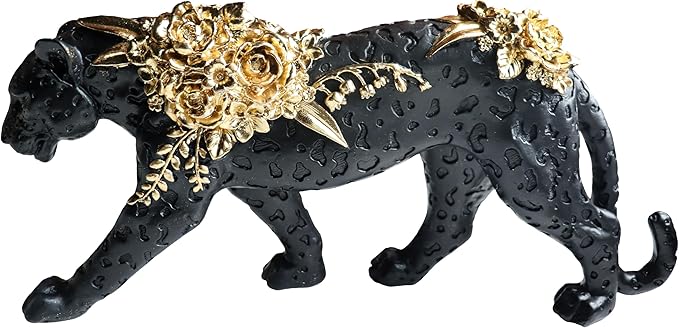 Cheetah Statue Black Gold Leopard Sculpture Home Decor Leopard Sculpture Resin Handmade Sitting Suitable for Living Room Table Center Bedroom Gift for Woman Father