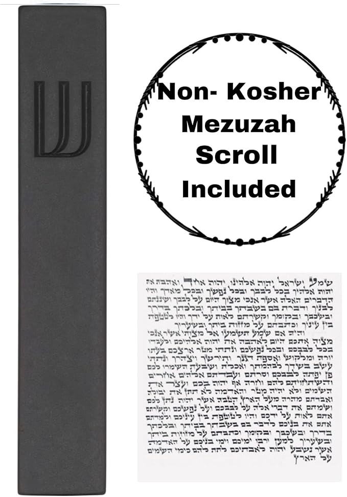 A&S Mezuzot Modern Concrete Mezuzah Case with Scroll, Easy Peel and Stick Mezuza (Black+ Engraved Shin, 6 Inches)