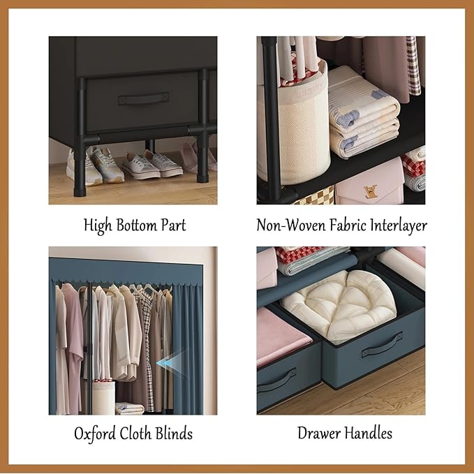 Portable Closet,Garment Rack,Heavy Duty Clothes Rack with Cover,Wardrobe Closet with 3 Hanging Rods, 6 Storage Shelves and 4 Drawers,55.1" L x 17.7" W x 67.7" H,Pale Yellow