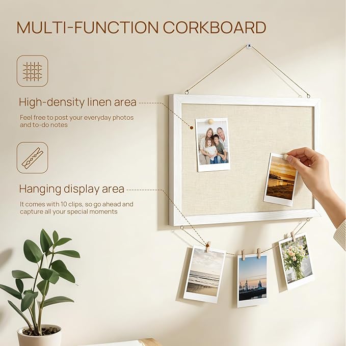 DOLLAR BOSS Bulletin Boards with Linen 1-Pack 16''X 12'' Double-Sided Cork Board for Walls Wood Framed Bulletin Boards, Small Pin Board for Home Kitchen Office Decorative Hanging 10 Pushpins