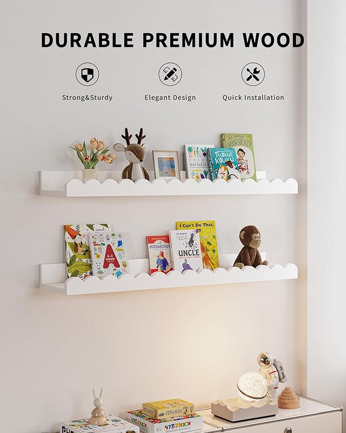 Shario Nursery Book Shelves, 4-Pack White Floating Shelves for Wall Kids, Scalloped Shelves, Wall Book Shelves for Bedroom Kids, Toddler Room, Baby Room, Nursery Decor