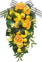 24 Inch Pre-Lit Lemon Swag for Front Door with 10 LED Lights Artificial Spring Summer Floral Teardrop Decoration with Striped Bow Yellow Peony for Spring Summer Farmhouse Decor Indoor Outdoor