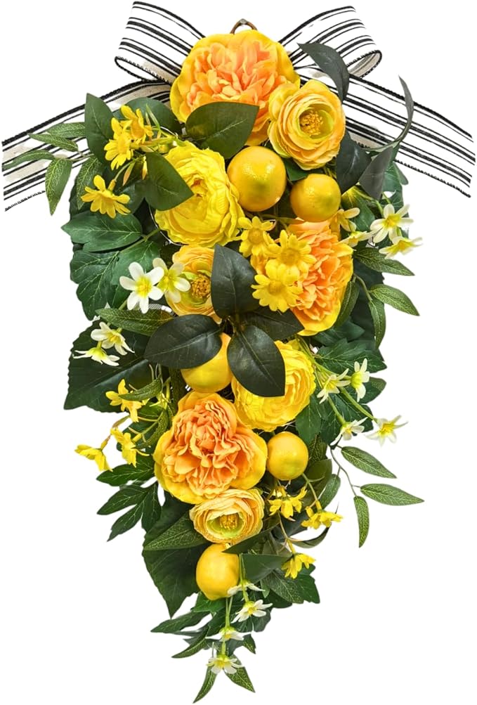 24 Inch Pre-Lit Lemon Swag for Front Door with 10 LED Lights Artificial Spring Summer Floral Teardrop Decoration with Striped Bow Yellow Peony for Spring Summer Farmhouse Decor Indoor Outdoor
