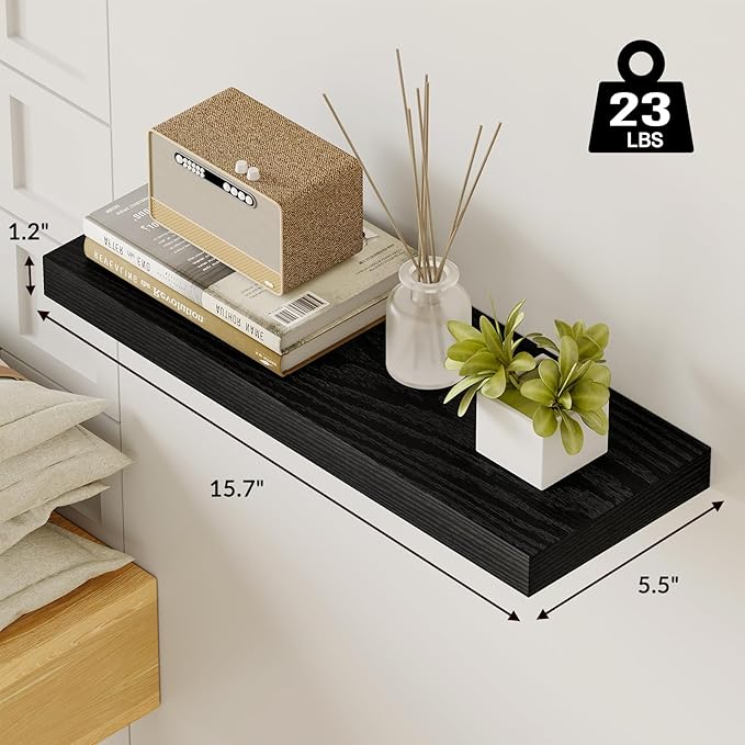 Fixwal Black Shelves, 15.7in Floating Shelves, Farmhouse Shelf Wall Decor for Bathroom, Bedroom, Living and Kitchen Set of 6