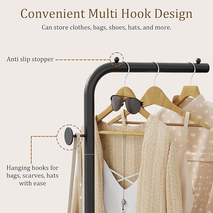 OUTBROS Coat Rack, Portable L-shaped Clothes Rack with Hook, Modern Hanger, Sturdy Freestanding Metal Clothing Rack, Used in Bedroom, Entrance and Living Room, 15.3 x 10.2 x 70.8 inch, Black