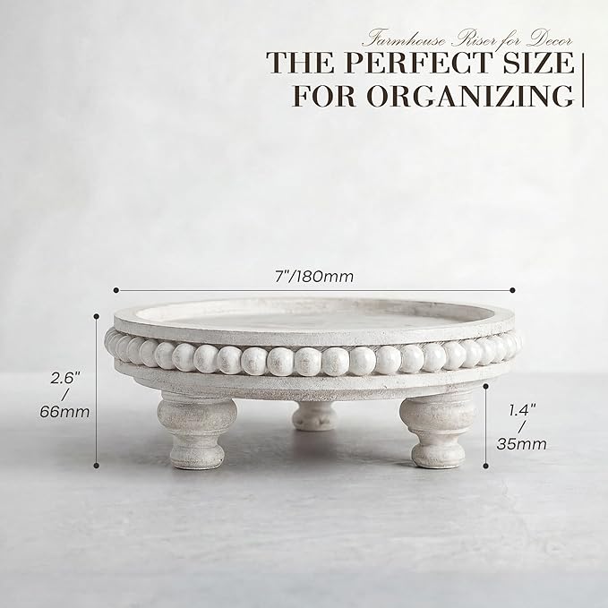 EOSAHR Pine Round Wood Riser for Room Decor– Retro Beaded Pedestal Tray for Plant Stand, Perfume Organizer & Cupcake Stand – Boho Home & Bathroom Accents(Whitewash)