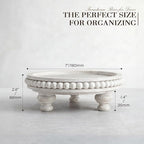 EOSAHR Pine Round Wood Riser for Room Decor– Retro Beaded Pedestal Tray for Plant Stand, Perfume Organizer & Cupcake Stand – Boho Home & Bathroom Accents(Whitewash)