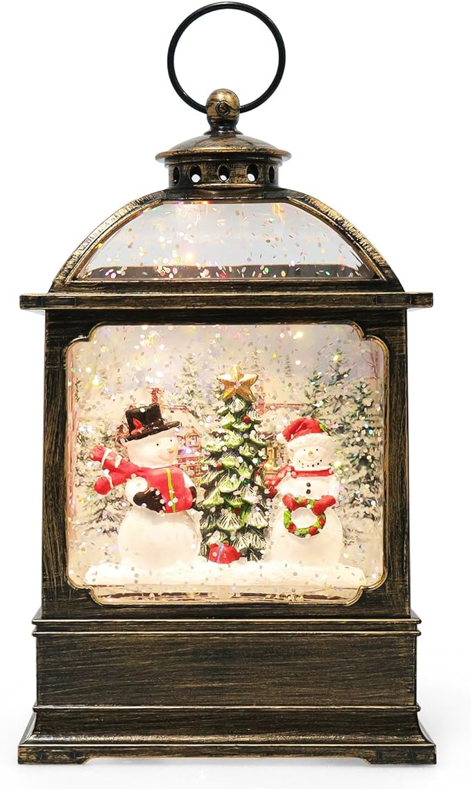 Christmas Snow Globe Lantern with Snowmen 8 Music Songs & 6H Timer Water Snow Globe Lantern USB & Battery Operated for Christmas Festival Decorations Gifts (Two Snowmen)