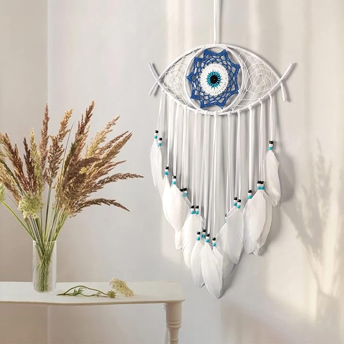 Dremisland Evil Eye Dream Catcher-White Dream Catchers Handmade Feather Evil Eye Wall Hanging Ornament Home Decoration for Bedroom Livingroom Yard, Blessing Craft Gift Bring Good Luck (Pure White)