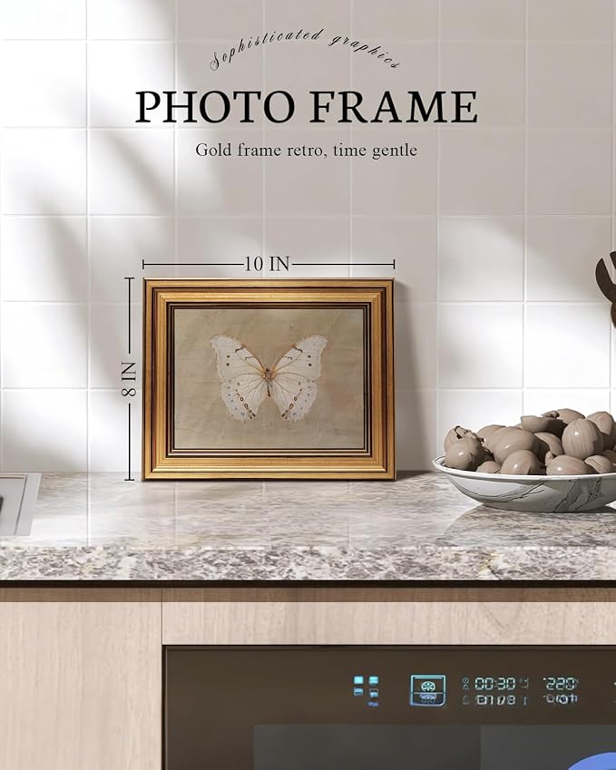 VIYYIEA Vintage Gold Framed Wall Art for Living Room, White Butterfly Canvas Prints Home Decor, Oil Painting Picture, Bedroom Wall Decor Gifts for Friends or Family -【Morpho polyphemus】-(10L x 8W)