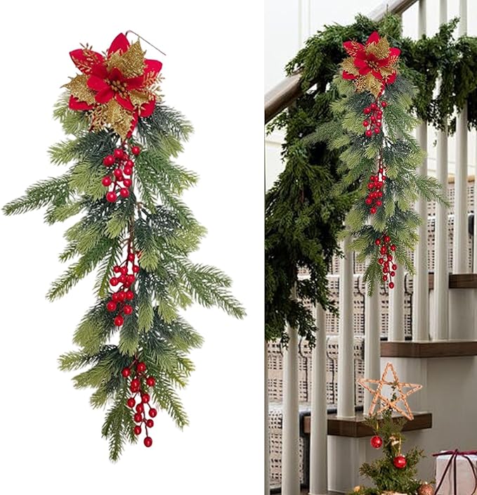 Fancyes Artificial Christmas Swag Greenery Wreath Decorative Prop Door Swag Staircase Decoration for Stairs New Year