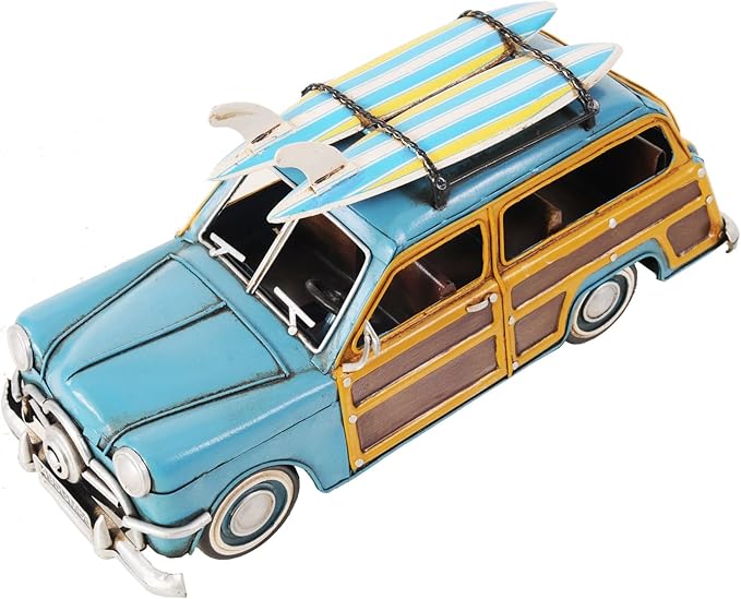 HomeRoots 6" Blue and Yellow Metal Hand Painted Decorative Car