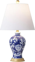 JONATHAN Y 24" Navy/White French Country Ceramic Floral Urn Table Lamp, White Linen Shade, Chinoiserie Ginger Jar Bedside Lamp for Living Room Bedroom, LED Bulb (JYL3009E)