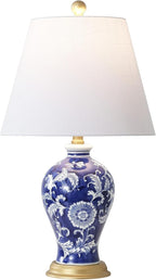 JONATHAN Y 24" Navy/White French Country Ceramic Floral Urn Table Lamp, White Linen Shade, Chinoiserie Ginger Jar Bedside Lamp for Living Room Bedroom, LED Bulb (JYL3009E)