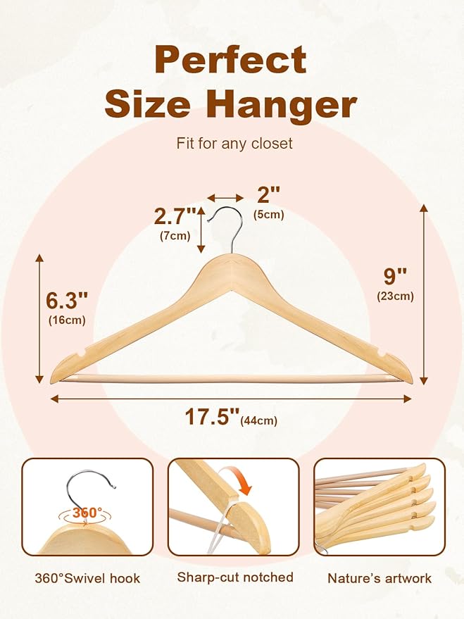 HOUSE DAY Bulk Wooden Hangers 2000 Pack（100 Cases, 20 Pack/Case）, Solid Wood Hanger with Non Slip Pant Bar, Heavy Duty Wooden Coat Hanger for Closet, Smooth Wood Clothes Hangers for Shirts, Natural