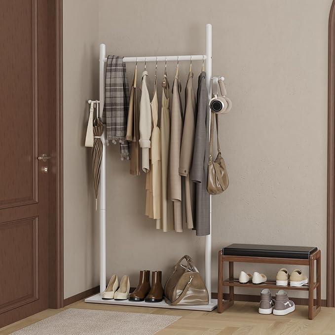 Nianerfaya Coat Rack Freestanding with Rock Base, Standing Garment Storage for Indoor - Coat Tree with 2 Hooks - 25.6" Wide Heavy Duty Clothe Rack Metal Clothing Hanger Rack (White)