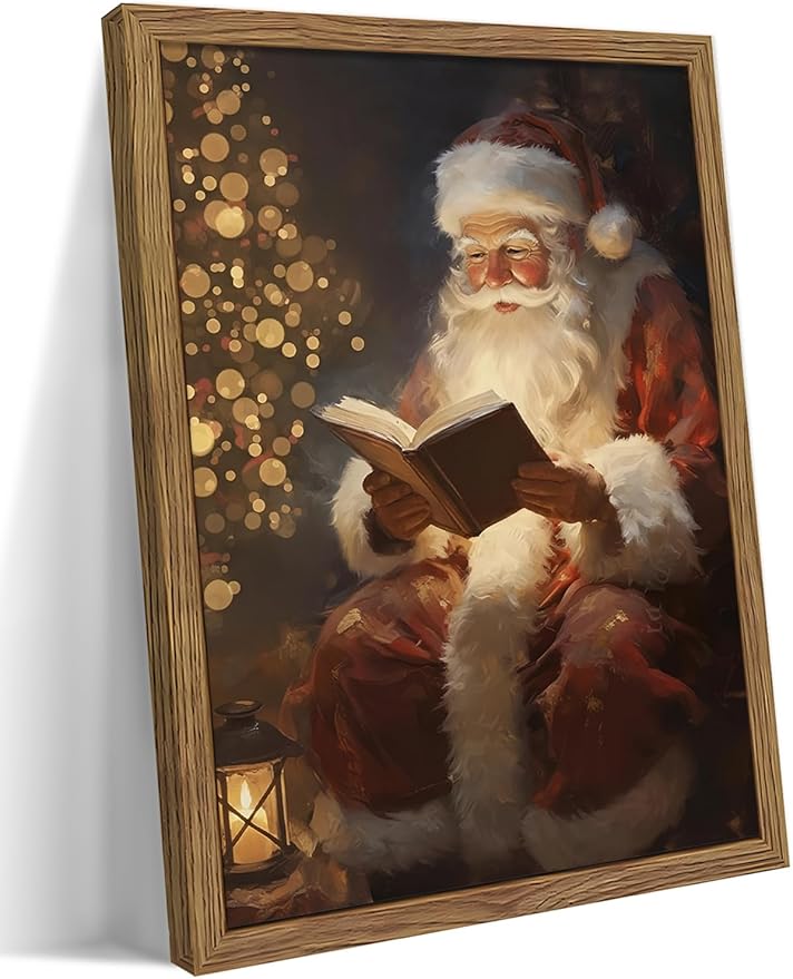 Framed Santa Christmas Wall Art, Vintage Santa Claus Reading Canvas Paintings, Christmas Print, Rustic Winter Holidays Decor, Farmhouse Christmas Pictures Wall Decor – 12x16in