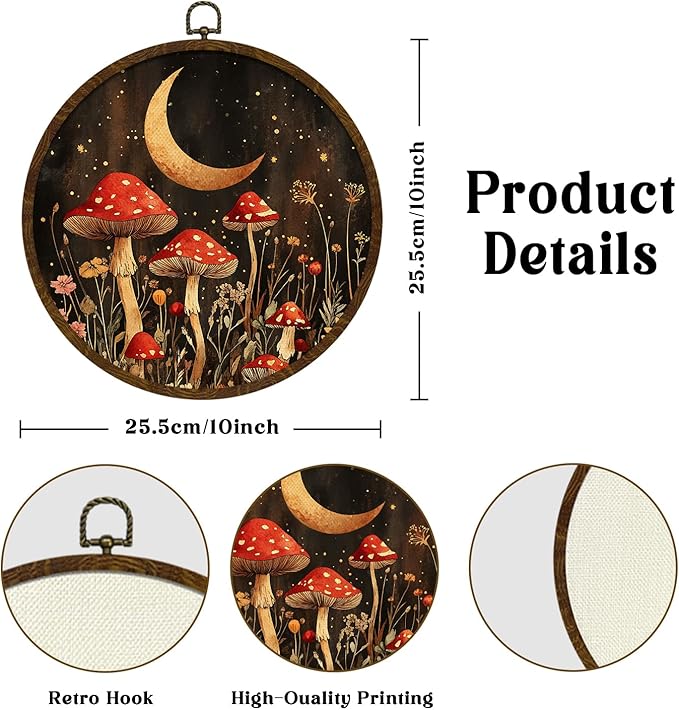 Vintage Mushroom Round Framed Wall Art Decor, Fantasy Forest Botanical Illustration Round Wall Hanging Decor, Retro Botanical Canvas Prints Wall Art for Bedroom Living Room 10x10 Inch(MG02)