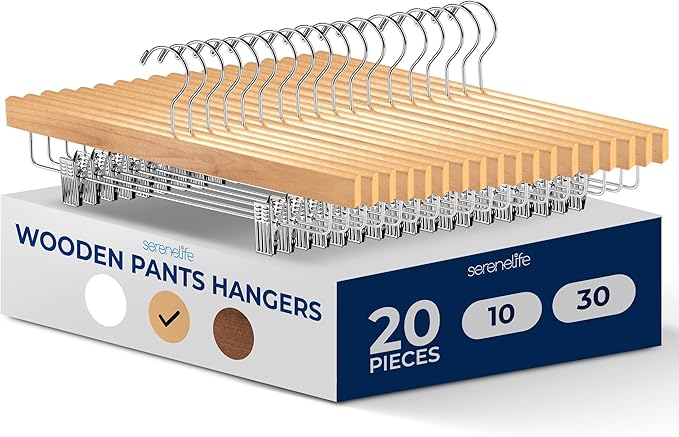 SereneLife 20 Pack Skirt and Pant Hanger with Adjustable Non-Slip Steel Clips, Premium Wooden, 360° Swivel Hook & 10 lb Capacity – Space-Saving Heavy-Duty Hangers for Jeans, Shorts & Slacks (Natural)