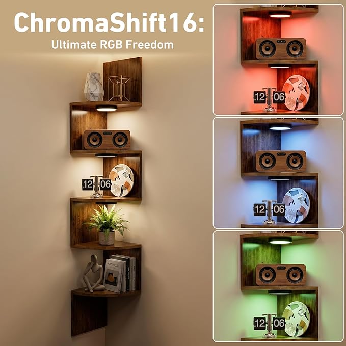 HAAYOT Corner Shelf Wall Mounted: 5-Tier Floating Shelves with Lights for Bedroom, Living Room, Home Office, Rustic Brown