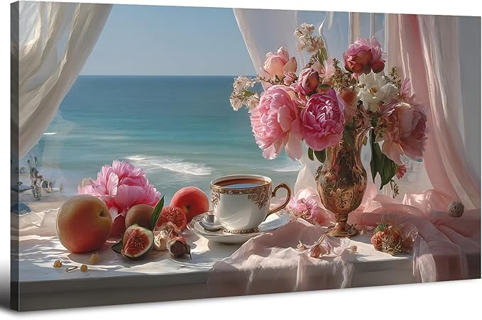 Vintage Pink Flower Wall Art Retro Flowers in Golden Vase Pictures Blue Ocean Coastal Landscape Canvas Prints Blossom Painting Poster Floral Artwork for Living Room Bathroom Home Decoration 20x40"