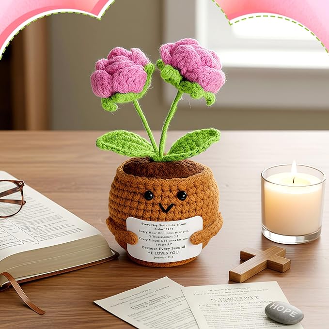 Wavwavw Christian Gift for Women Positive Handmade Crochet Doll with Bible Verse Prayer Card Inspirational Scripture Religious Crochet for Christmas Sunday Group Church(Rose Flower)