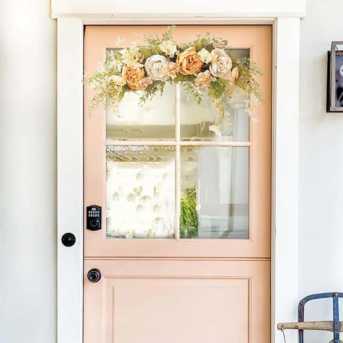 IUIBMI 29.5 inch Wedding Arch Flowers, Spring Decorative Peony Swags with Green Leaves Rustic Artificial Floral Swag Peony Door Wreath for Front Door Wedding Arch Wall Decor (D)