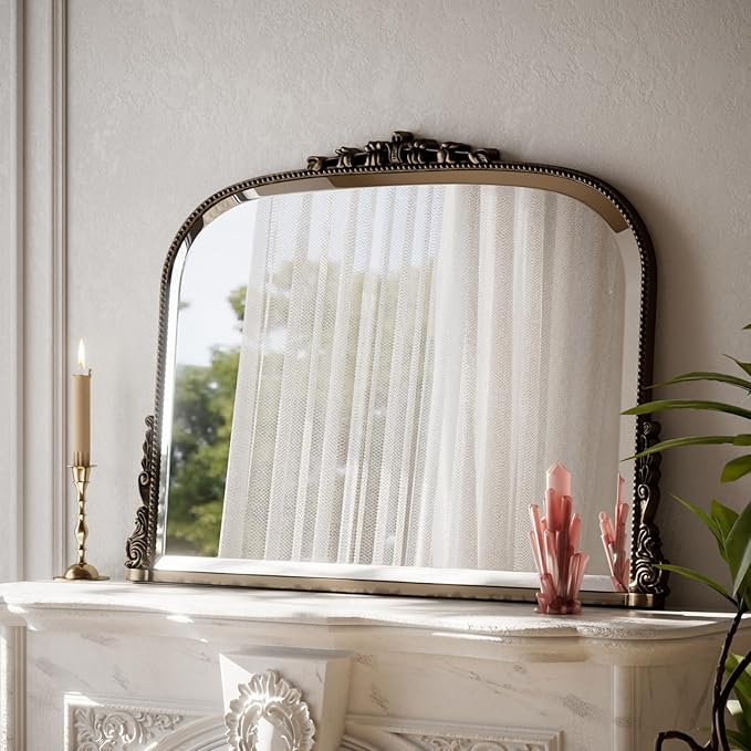 Wall Beaded Mirror, 36 x 27 Inch Round Top Right Angle Wall Mirror, Tempered Glass, Rust Resistant, Horizontally or Vertically Hanging, Bronze
