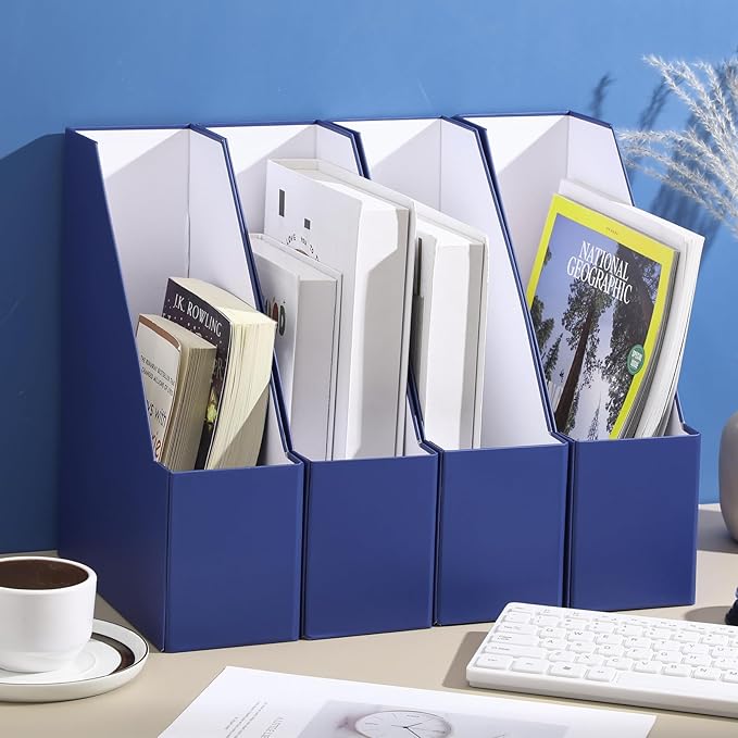 Feifeiya Magazine File Holder Set of 6 Stylish Sturdy Cardboard File Boxes Desk Organizer Beautiful Magazine Holder Rack with Gold Label Holder for Home Office Desktop Bookshelf Classroom (Navy Blue)